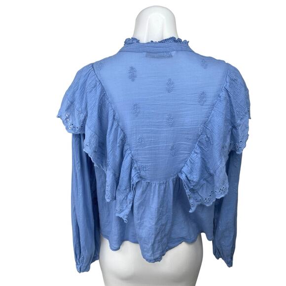 Zara Blue Eyelet Embroidered Ruffle Frill Peplum Long Sleeve Blouse Shirt Top M - Picture 2 of 5
